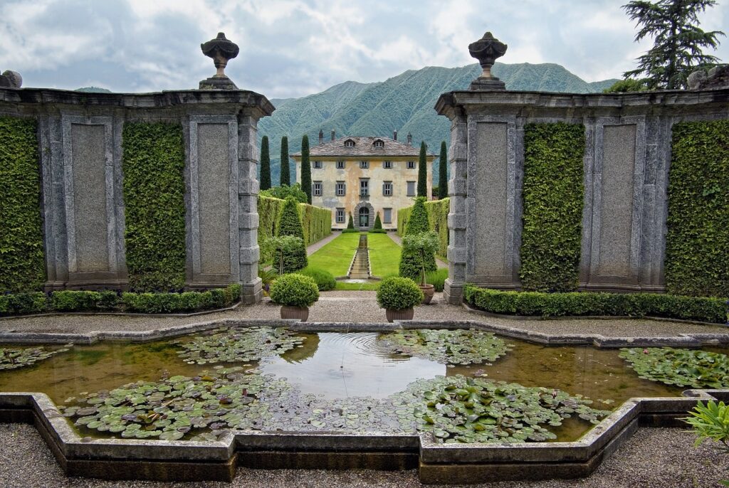villa balbiano, fontana, garden, water lilies, nature, water lily, architecture, villa, construction, historical building, tourism, cypress trees, lake como, lombardy, italy, point of view